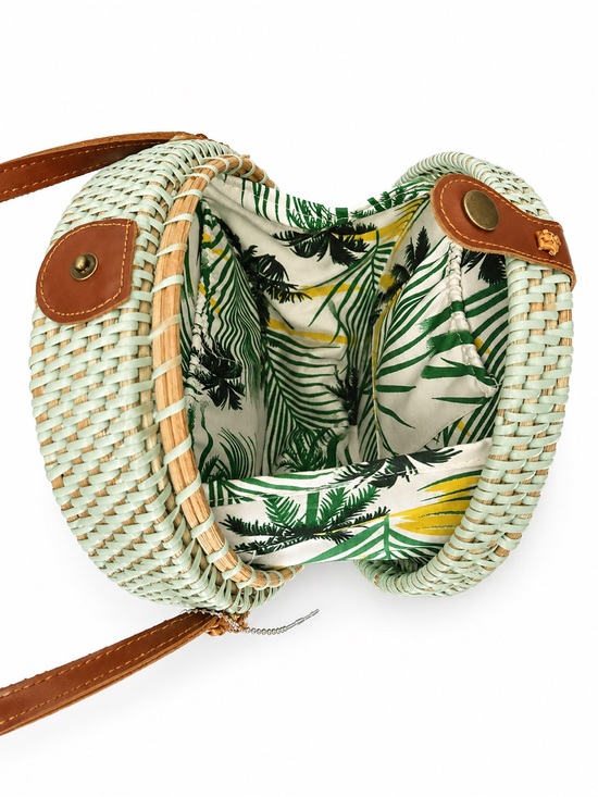 Handbags - Woven Round Crossbody Bag in Mint with Tan Trim